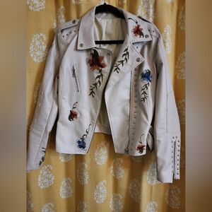 Faux Leather Embroidered Floral Studded Bomber Jacket